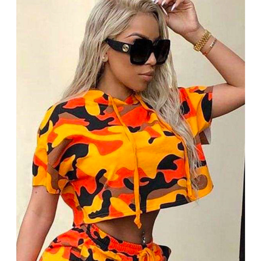 FASHION NOVA Orange Camouflage Short Sleeve Cropped Hoodie Sz Small S